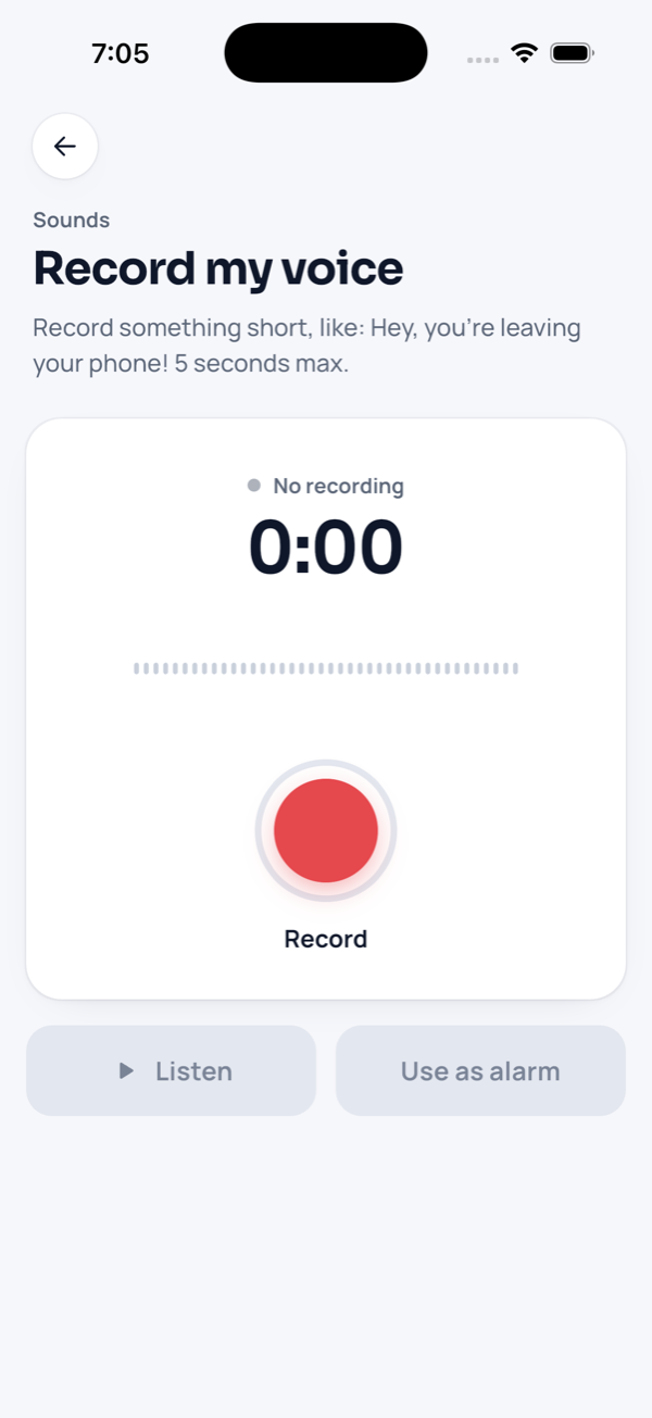 ¡HEY! Record my voice screen, with the Record button and a 5-second limit.